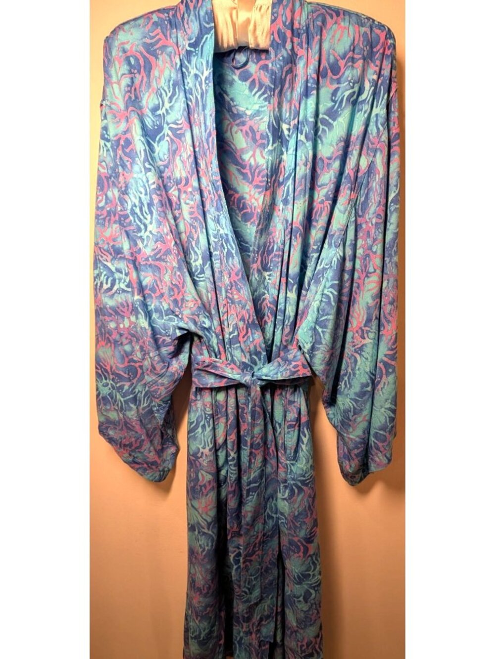 Novica Artisan Blue & Pink Coral Ocean Print Kaftan Robe Kimono, One Size
